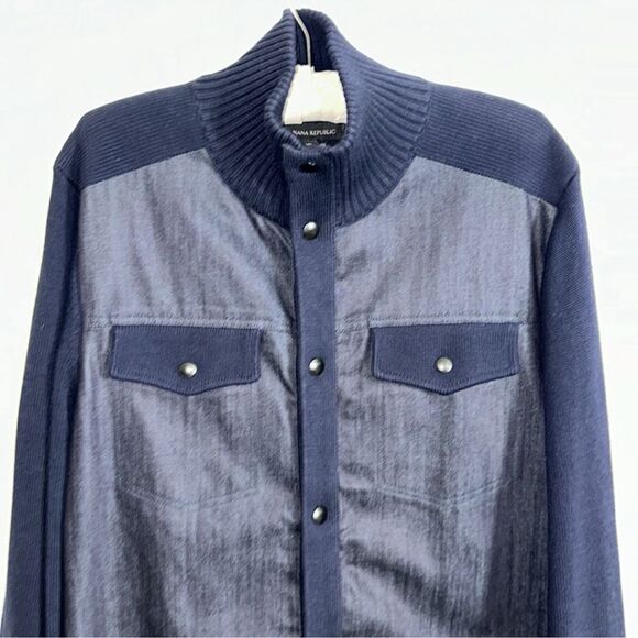 BR LT Indigo Denim Front Knit Full Zip Snap Front Mock Neck Cardigan - Picture 3 of 14
